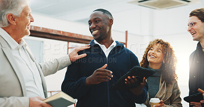 Buy stock photo Happy, architect and team at construction site with tablet, manager approval and proud of design. People, smile or architecture meeting with tech, plan or supervisor validation for property developer