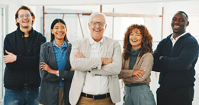Buy stock photo Architecture, portrait or team with arms crossed, site staff or about us in industrial industry. Happy, people or engineer group with confidence, solidarity or diversity in infrastructure development