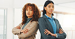 Architecture, portrait and team with arms crossed, site staff and about us in industrial industry. Building, women or engineer with confidence, solidarity or partnership in infrastructure development