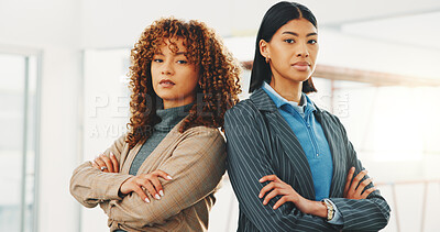 Buy stock photo Architecture, portrait and women with arms crossed, site staff and about us in industrial industry. Building, engineer or team with confidence, solidarity or partnership in infrastructure development