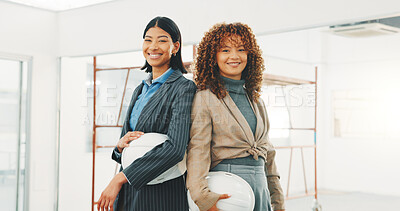 Buy stock photo Construction, portrait and happy team on site with hardhat, development staff and architecture. Engineering, smile and women in building with ppe, confidence or partnership in infrastructure industry