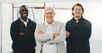 Buy stock photo Architecture, portrait and staff with arms crossed, site team or about us in industrial industry. Men, happy manager or engineer group with confidence, solidarity or diversity in building development