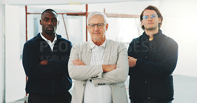 Buy stock photo Portrait, manager and team on building site with arms crossed, pride or about us in architecture. Men, leader or engineer group with confidence, solidarity or diversity in infrastructure development