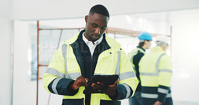 Buy stock photo Engineer, man and scroll at construction site with tablet, app and AI software for building design. Person, typing and internet on worksite with tech innovation, engineering plan and online research.