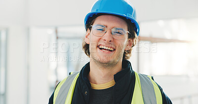 Buy stock photo Construction, portrait or man on site with hardhat, developer or about us in architecture industry. Pride, space or happy engineer with ppe, confidence or contractor in infrastructure development.