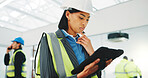 Architect, woman and thinking at construction site with tablet, research or check project timeline. Person, reading and PPE with tech for problem solving, architecture plan and renovation schedule.
