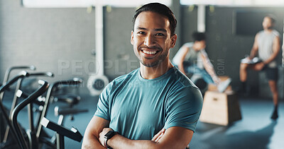 Buy stock photo Portrait, happy man and personal trainer with confidence in gym for fitness, workout or training. Active, male person or coach with smile or arms crossed for wellness or assistance in health club