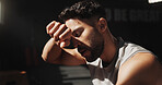 Fitness, man or sweat with fatigue in gym for intense exercise, indoor workout or training. Tired, active or exhausted male person with intensity in health club for performance, challenge or wellness