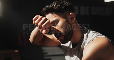 Buy stock photo Fitness, man or sweat with fatigue in gym for intense exercise, indoor workout or training. Tired, active or exhausted male person with intensity in health club for performance, challenge or wellness