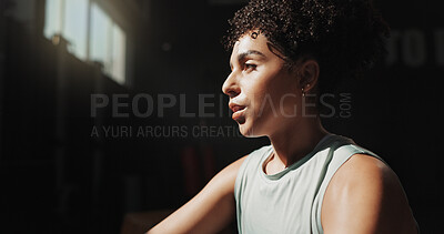 Buy stock photo Thinking, break and fitness with woman in gym for workout rest, reflection and sports athlete. Exercise, health progress and training with person in club for wellness, body builder and vision space
