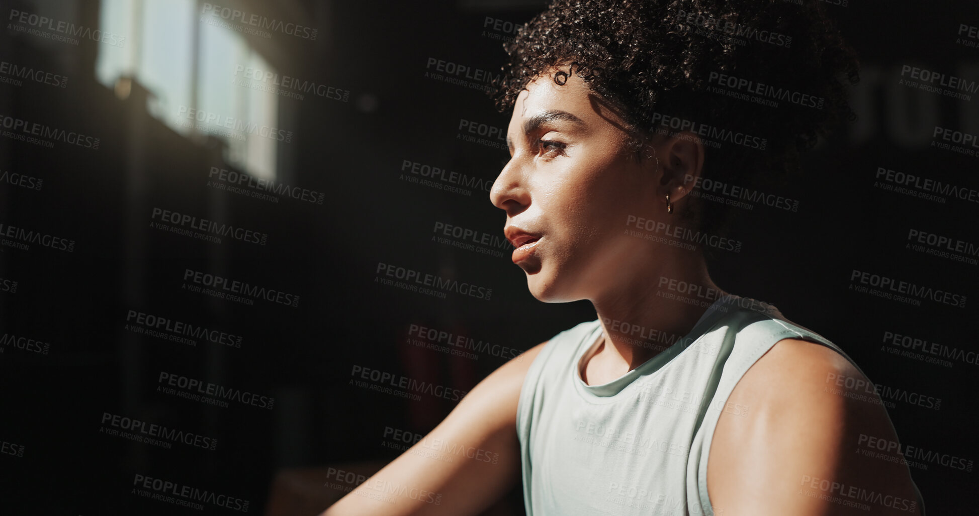 Buy stock photo Thinking, break and fitness with woman in gym for workout rest, reflection and sports athlete. Exercise, health progress and training with person in club for wellness, body builder and vision space