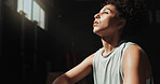 Thinking, rest and fitness with woman in gym for workout break, reflection and sports athlete. Exercise, health progress and training with person in club for wellness, body builder and vision