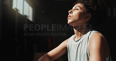 Buy stock photo Thinking, rest and fitness with woman in gym for workout break, reflection and sports athlete. Exercise, health progress and training with person in club for wellness, body builder and vision space