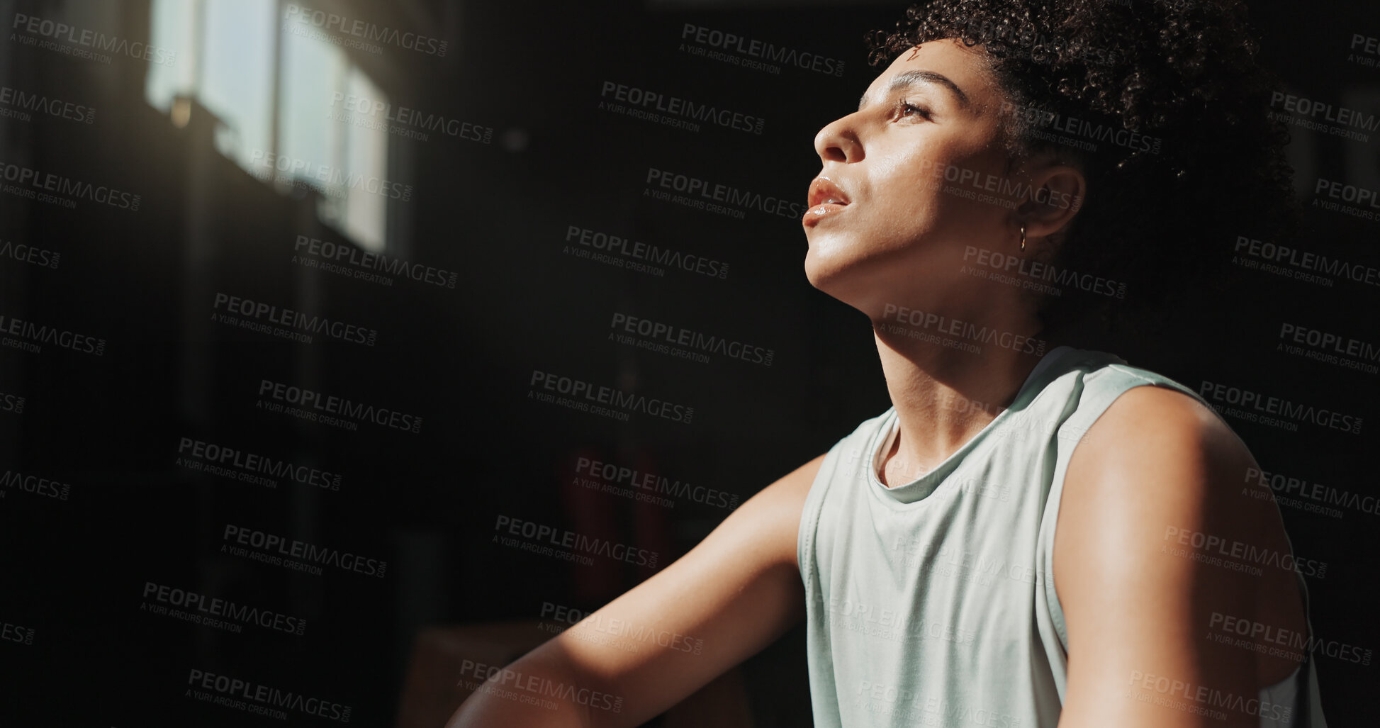 Buy stock photo Thinking, rest and fitness with woman in gym for workout break, reflection and sports athlete. Exercise, health progress and training with person in club for wellness, body builder and vision space