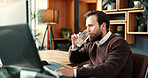 Drinking, water and business man in office on tech for legal report, research and planning for trial. Law firm, reading and lawyer with hydration for productivity, wellness and health for court case