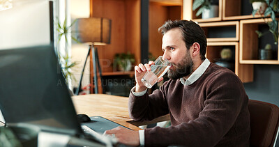 Buy stock photo Drinking, water and business man in office on tech for legal report, research and planning for trial. Law firm, reading and lawyer with hydration for productivity, wellness and health for court case