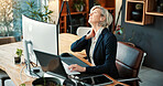 Business, woman and neck pain in office with overworked, stress tension or posture problem. Mature person, pressure or burnout with injury, muscle strain or sore with discomfort or spasm at work