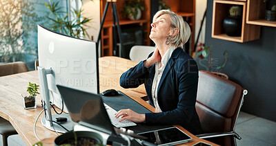 Buy stock photo Business, woman and neck pain in office with overworked, stress tension or posture problem. Mature person, pressure or burnout with injury, muscle strain or sore with discomfort or spasm at work