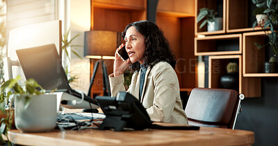 Buy stock photo Office, phone call and businesswoman with laptop, talk and legal advice for contact or communication. Labor law consultant, online and mature person with mobile, chat and explain policy in business