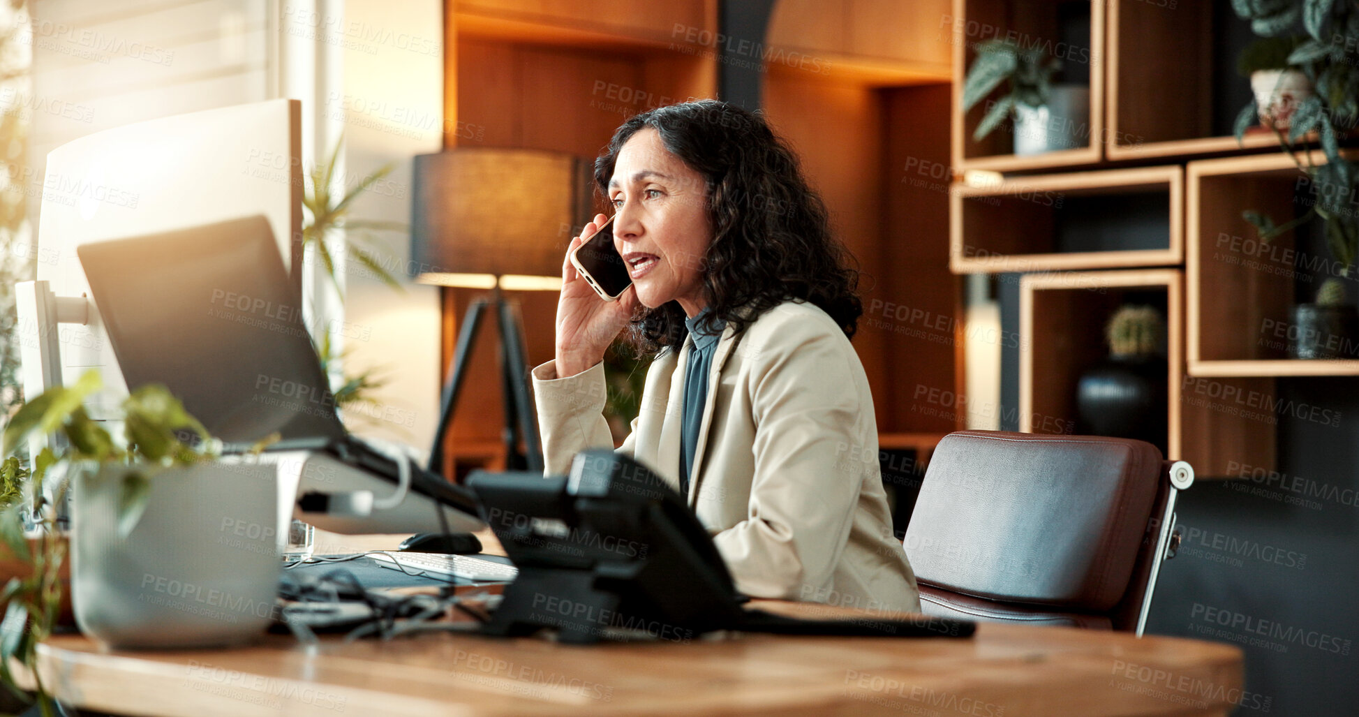 Buy stock photo Office, phone call and businesswoman with laptop, talk and legal advice for contact or communication. Labor law consultant, online and mature person with mobile, chat and explain policy in business