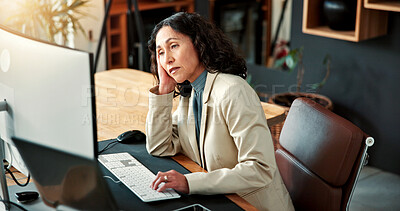 Buy stock photo Business, woman and computer with fatigue in office, bored with burnout and overworked with low energy. Mature, female person and exhausted by tech with mental health, overwhelmed or lazy at work