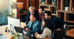 Team, suspense and people with computer in business, hope or anticipation for financial development. Investment banker, collaboration and colleagues with anxiety for acquisition and tension with tech
