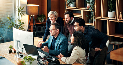 Buy stock photo Team, suspense and people with computer in business, hope or anticipation for financial development. Investment banker, collaboration and colleagues with anxiety for acquisition and tension with tech