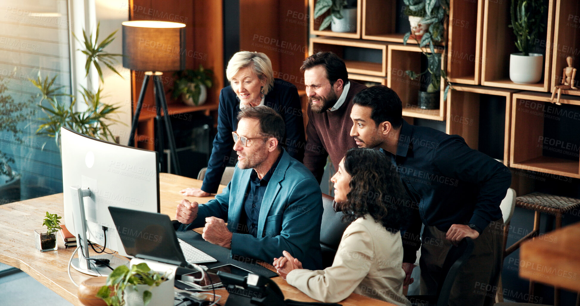 Buy stock photo Team, suspense and people with computer in business, hope or anticipation for financial development. Investment banker, collaboration and colleagues with anxiety for acquisition and tension with tech