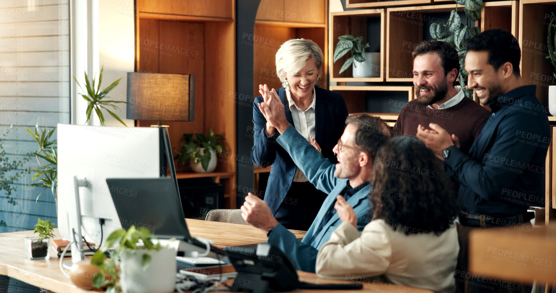 Buy stock photo Team, high five and happy people with laptop in meeting, laughing and excited for financial success. Investment banking, celebration and colleagues with good news on computer, applause or achievement