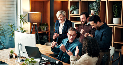 Buy stock photo Team, applause and happy people with laptop in business, laughing and excited for financial success. Investment banker, achievement and colleagues with good news on computer, celebration or fist pump