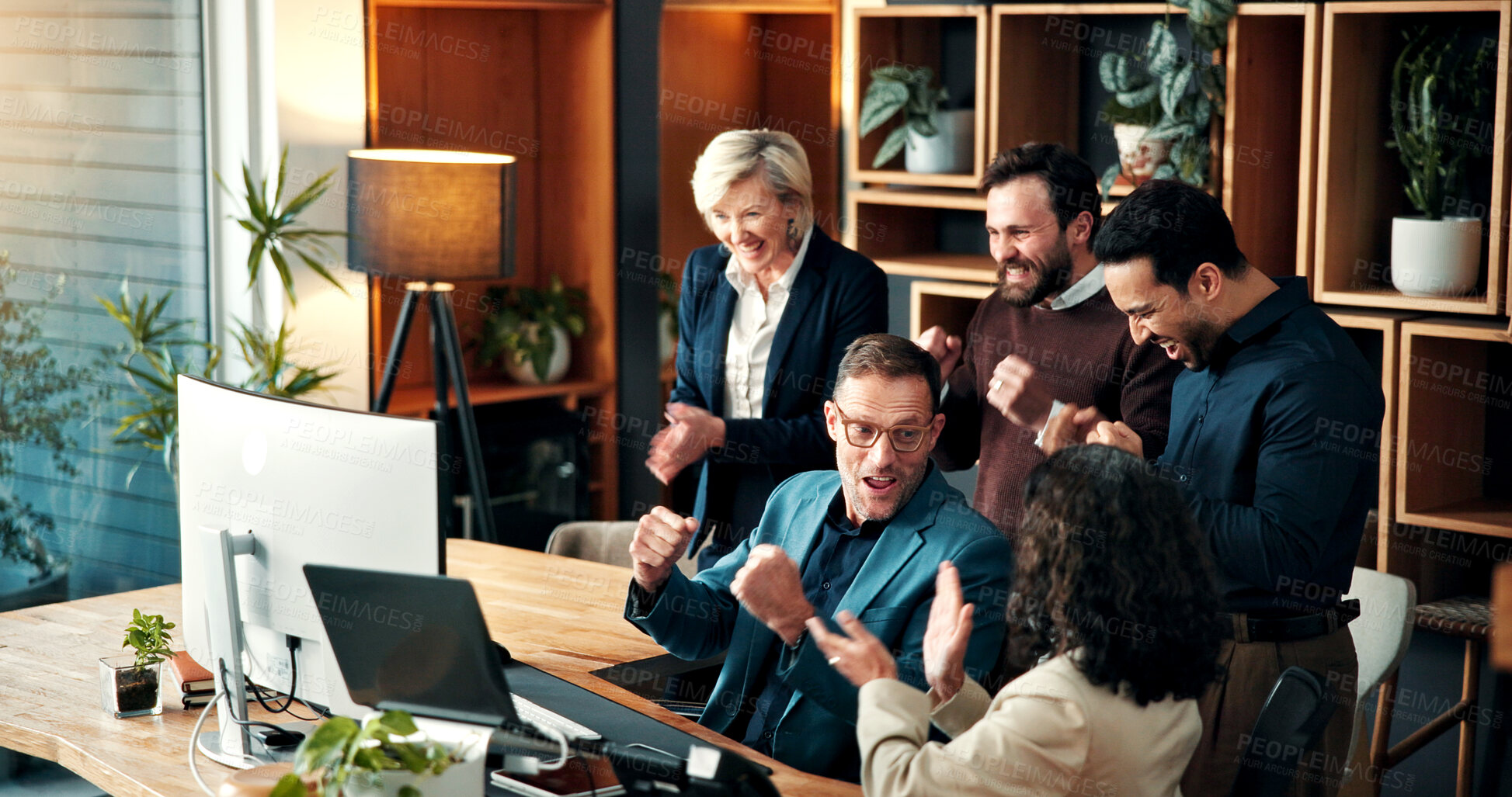 Buy stock photo Team, applause and happy people with laptop in business, laughing and excited for financial success. Investment banker, achievement and colleagues with good news on computer, celebration or fist pump