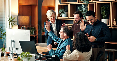 Buy stock photo Team, high five and happy people with laptop in business, laughing or excited for financial success. Investment banking, celebration and colleagues with good news on computer, smile and achievement