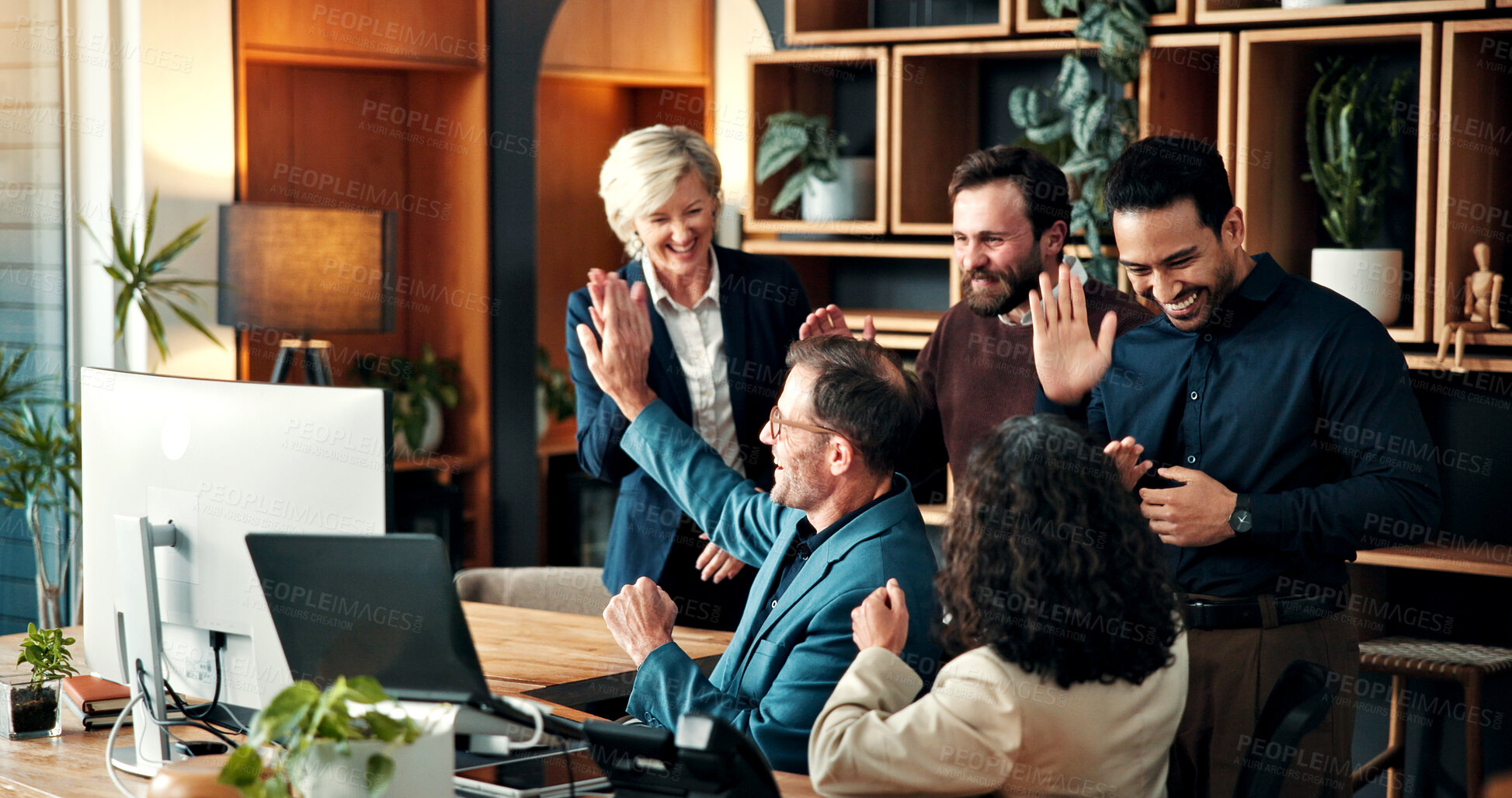 Buy stock photo Team, high five and happy people with laptop in business, laughing or excited for financial success. Investment banking, celebration and colleagues with good news on computer, smile and achievement