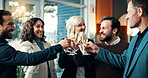 Happy, champagne and people with cheers at law firm for celebration, trial success and court case. Office, smile and lawyer team with toast, drinks and alcohol for congratulations, closure or victory