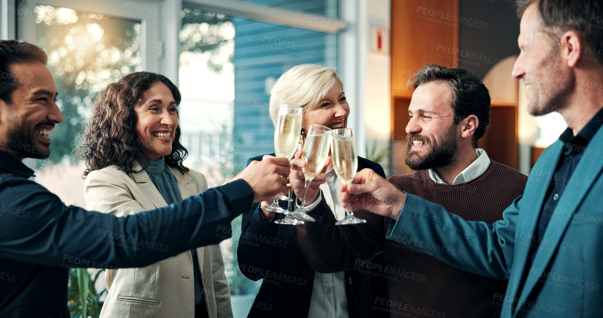 Buy stock photo Happy, champagne and people with cheers at law firm for celebration, trial success and court case. Office, smile and lawyer team with toast, drinks and alcohol for congratulations, closure or victory