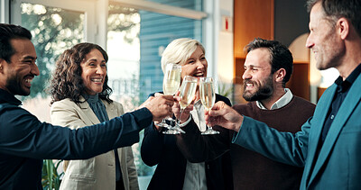 Buy stock photo Happy, champagne and people with toast at law firm for celebration, trial success and court case. Office, smile and lawyer team with cheers, drinks and alcohol for congratulations, goals or milestone