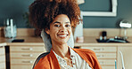 Portrait, woman and chair with smile for dentistry, appointment and results of teeth whitening. Happy, person and patient at dental clinic for checkup, cleaning mouth and treatment for oral hygiene
