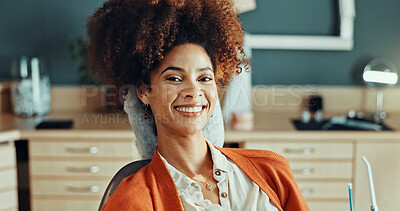 Buy stock photo Portrait, woman and chair with smile for dentistry, appointment and results of teeth whitening. Happy, person and patient at dental clinic for checkup, cleaning mouth and treatment for oral hygiene