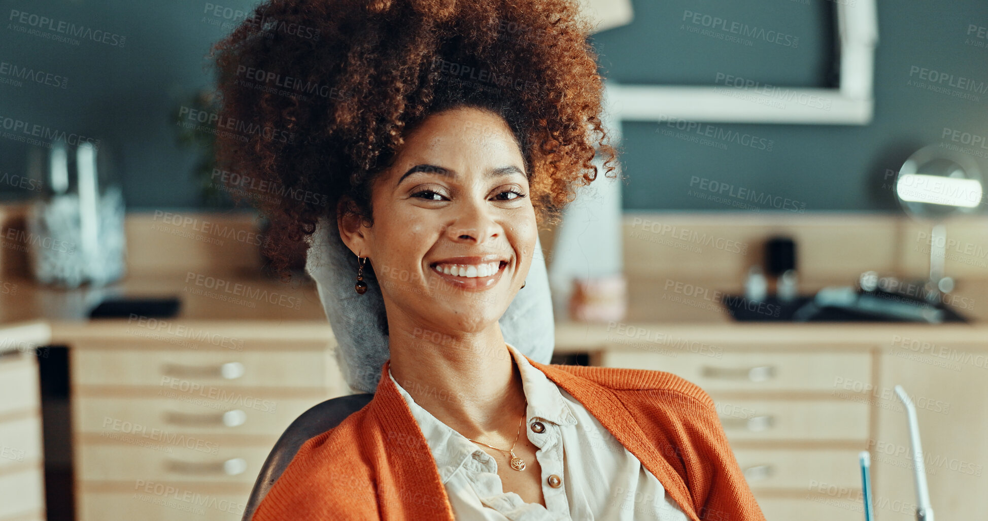 Buy stock photo Portrait, woman and chair with smile for dentistry, appointment and results of teeth whitening. Happy, person and patient at dental clinic for checkup, cleaning mouth and treatment for oral hygiene