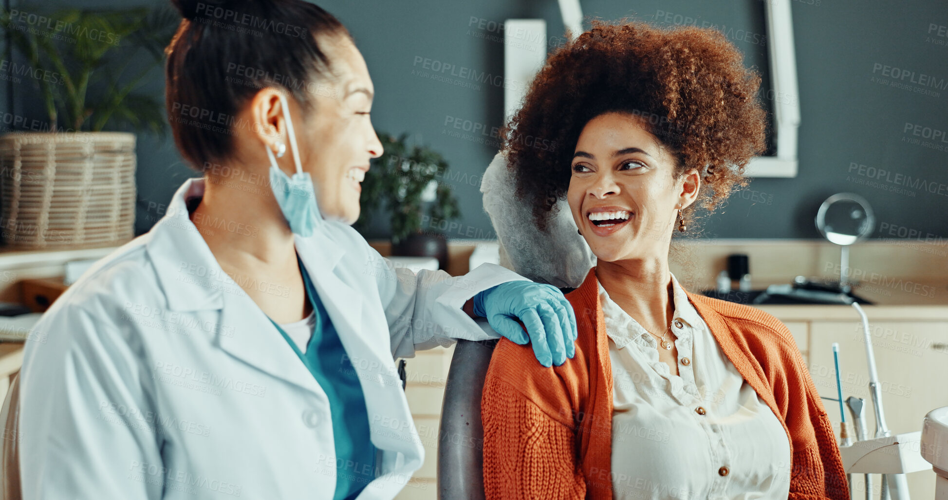 Buy stock photo Woman, smile and dentist with patient in clinic for consultation, dental care or cleaning. Happy, people and orthodontics for teeth whitening, hygiene or medical advice for braces and treatment