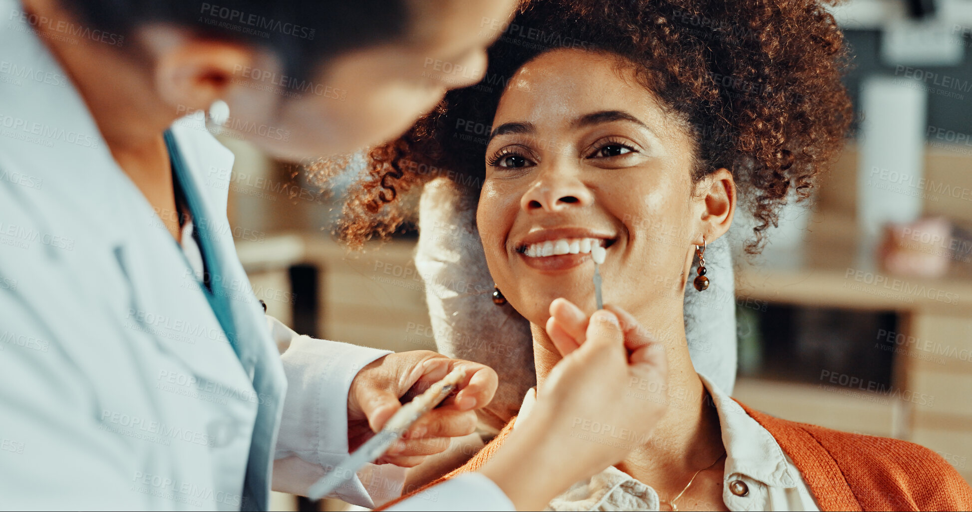 Buy stock photo Checkup, dentist and woman in clinic for veneers, equipment and tools for healthcare and dental. Oral hygiene, smile and doctor with patient, exam and procedure for teeth whitening appointment