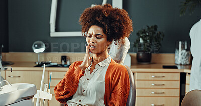 Buy stock photo Woman, pain and toothache in dental clinic for surgery, extraction appointment or treatment. Discomfort, female person or patient with sore gum, mouth or teeth for gingivitis, cavity or tooth decay
