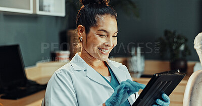 Buy stock photo Smile, dentist and reading at clinic with tablet, research and test results for dental care. Happy, woman and review with digital app for dentistry, appointment details and information for treatment