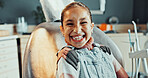 Portrait, child and chair with smile for dentistry, appointment and satisfaction of teeth whitening. Happy, kid and patient at dental clinic for checkup, cleaning mouth and treatment for oral hygiene