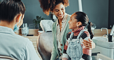 Buy stock photo Dentist, girl and mother with smile for consultation, cleaning or gum disease for dental help. Happy, talk or kid with mom support for teeth whitening, oral care or treatment plan for mouth procedure