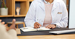 Hands, doctor and patient with notebook, writing and consultation with checkup or support. People, medical advice and professional in office with notes, discussion or appointment with prescription