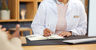 Buy stock photo Hands, doctor and patient with notebook, writing and consultation with checkup or support. People, medical advice and professional in office with notes, discussion or appointment with prescription