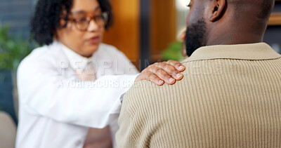 Buy stock photo Healthcare, doctor and man with support, consultation and conversation with checkup or help. Male patient, medical advice and professional in office, discussion or appointment with treatment feedback