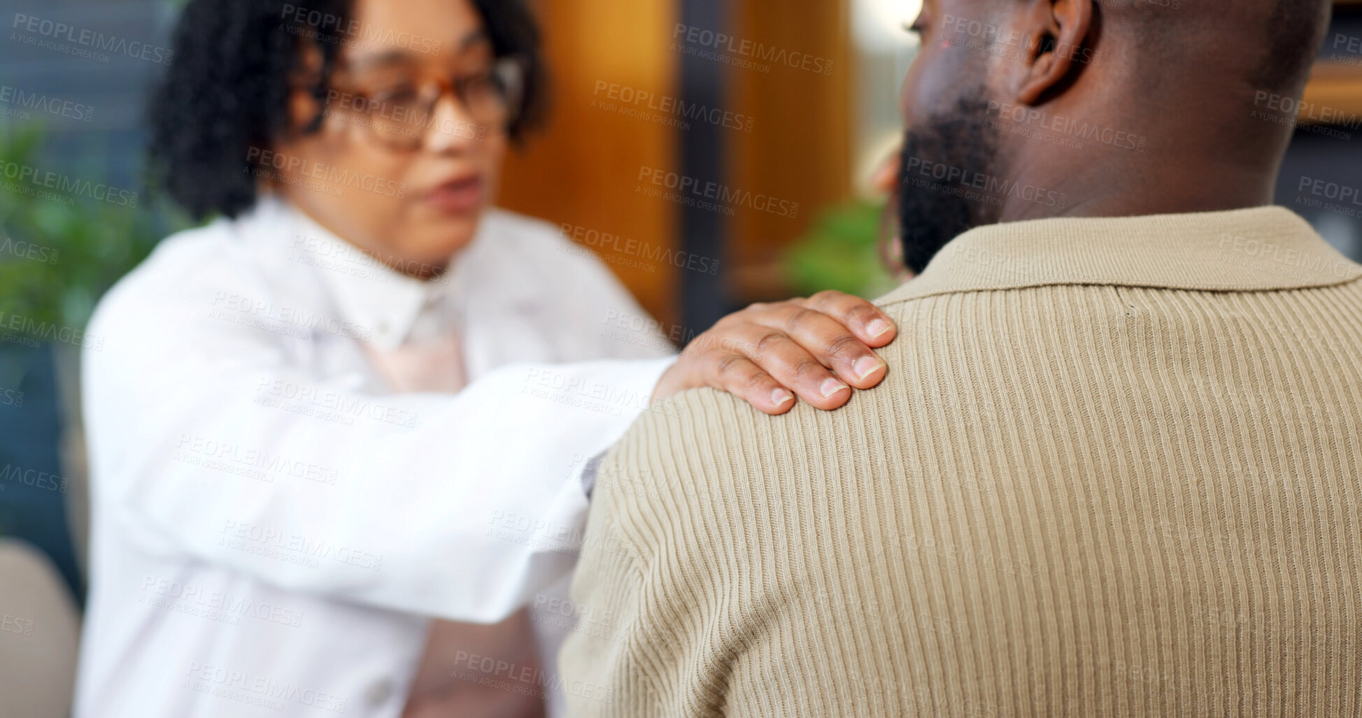 Buy stock photo Healthcare, doctor and man with support, consultation and conversation with checkup or help. Male patient, medical advice and professional in office, discussion or appointment with treatment feedback