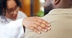Hand, doctor and man with healthcare, consultation and conversation with checkup or support. Male patient, medical advice and professional in office, discussion or appointment with treatment feedback